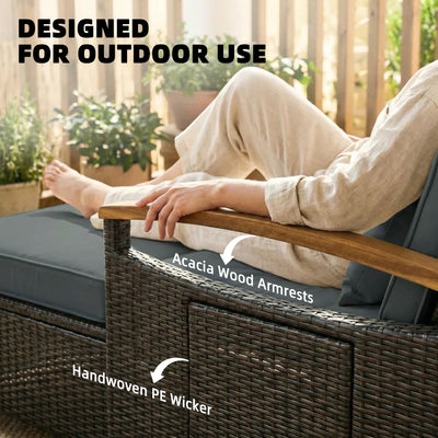 Rattan Outdoor Daybed w/4-Level Adjustable Backrest, Patio Sofa Bed w/Storage Ottoman, Acacia Wood Armrest