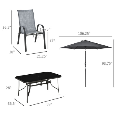 8 Pieces Patio Furniture Set with 9Ft Patio Umbrella, Outdoor Dining Table and Chairs, 6 Chairs, Push Button Tilt and Crank Parasol, Tempered Glass Top, Gray