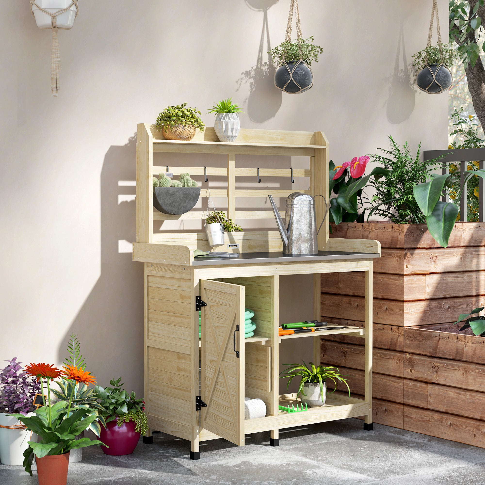 Wooden Potting Bench with Storage, Aluminum Tabletop for Backyard, Patio, Balcony