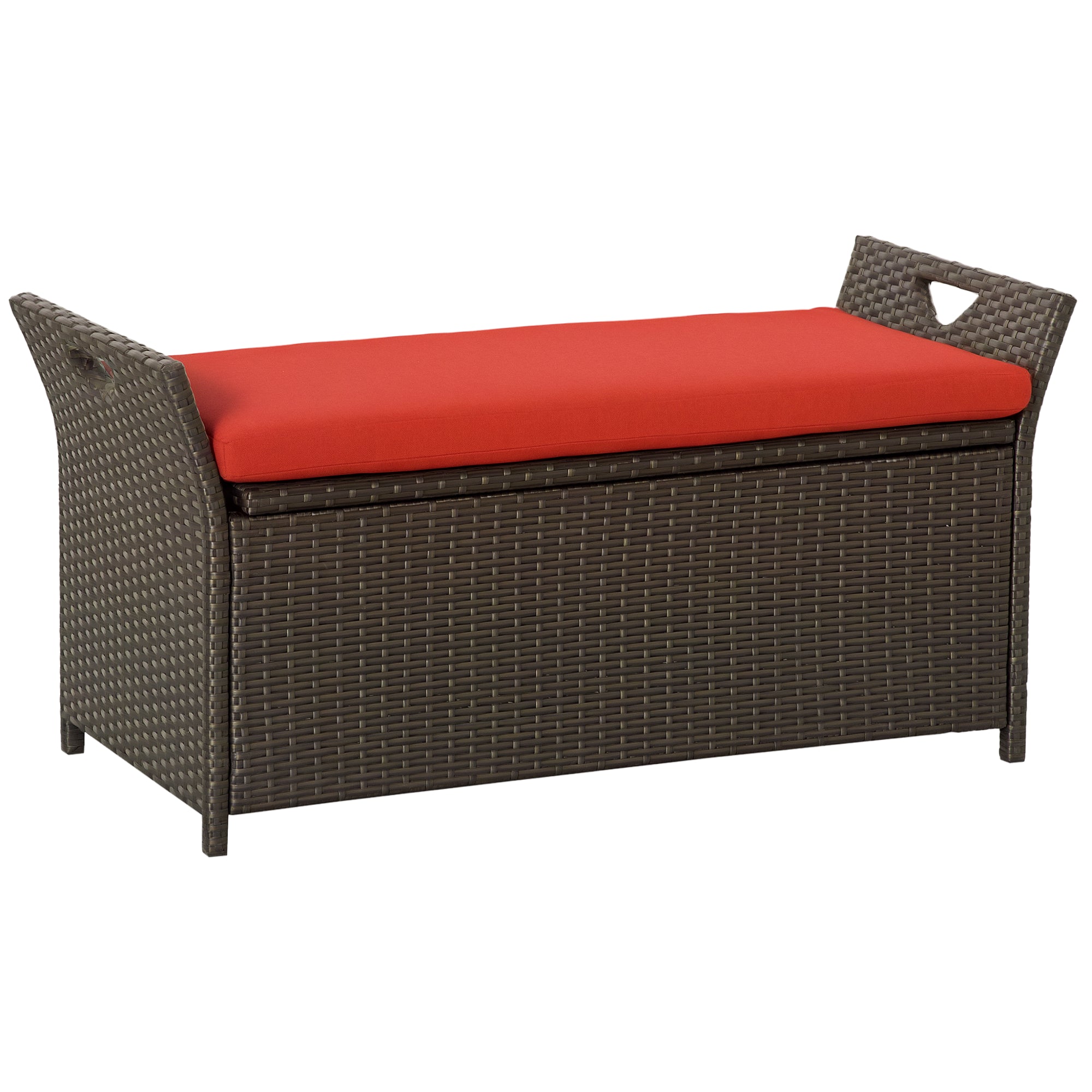 29 Gallon Patio Wicker Storage Bench, Outdoor PE Rattan Patio Furniture, 2-In-1 Large Capacity Rectangle Garden Storage Box with Handles and Cushion, Red