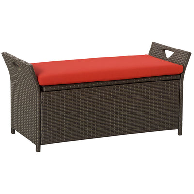 29 Gallon Patio Wicker Storage Bench, Outdoor PE Rattan Furniture, 2-In-1 Large Capacity Rectangle Garden Storage Box with Handles and Cushion