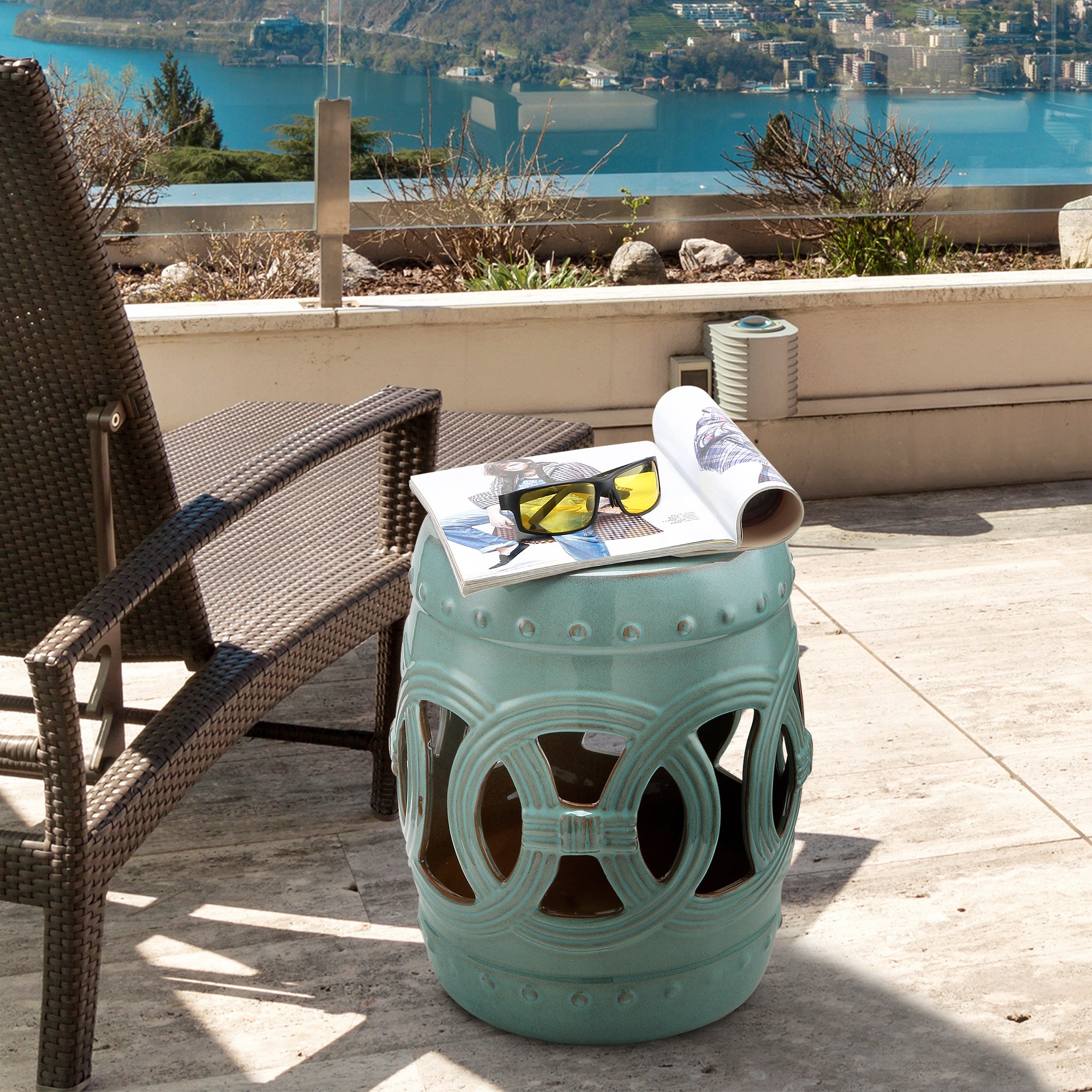 14" x 17" Ceramic Garden Stool with Double-Coin Knotted Ring Design & Strong Glazed Material, Decorative End Table, Home Collection