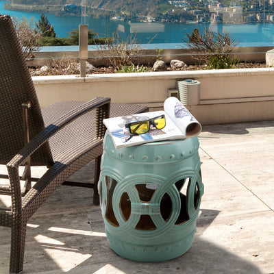 14" x 17" Ceramic Garden Stool with Double-Coin Knotted Ring Design & Strong Glazed Material, Decorative End Table, Home Collection