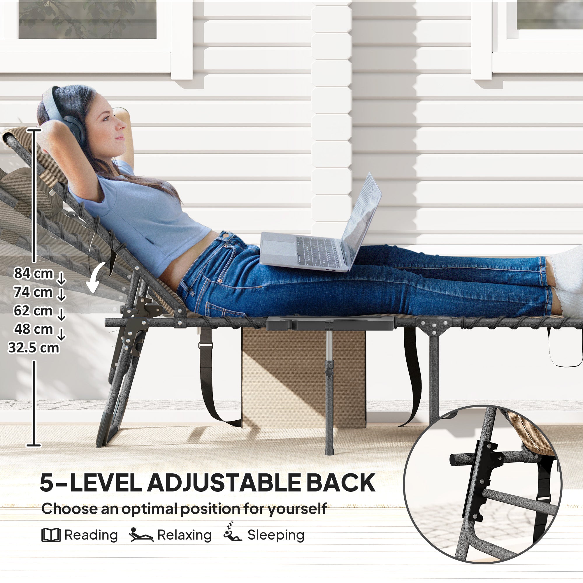 Folding Outdoor Chaise Lounge Chair Tanning Chair with 5-Level Adjustable Back, Side Table, Pillow, Pocket