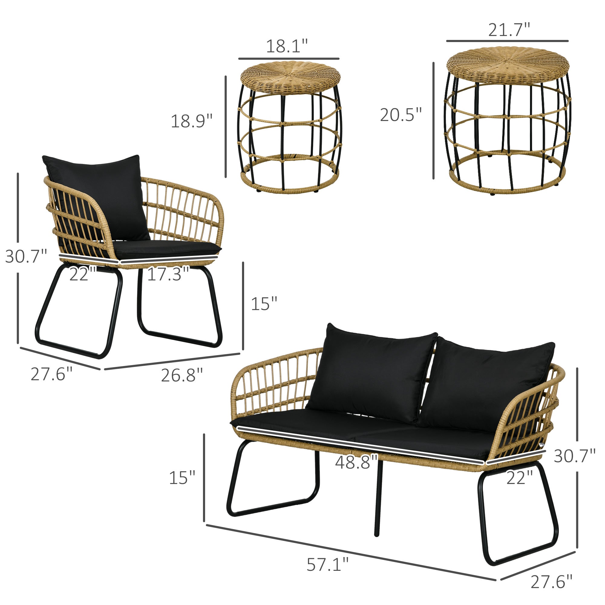 5 Piece PE Rattan Outdoor Furniture Set with Cushioned Chairs, Loveseat Sofa & Stackable Coffee Tables