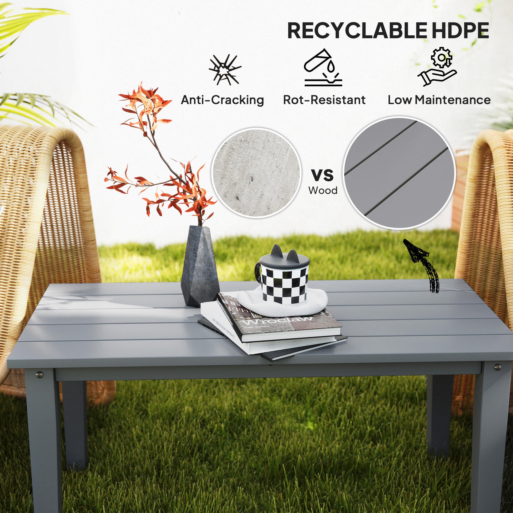 Rectangle Outdoor Coffee Table, HDPE All-Weather Outdoor Patio Table with Slatted Tabletop for Yard, Balcony