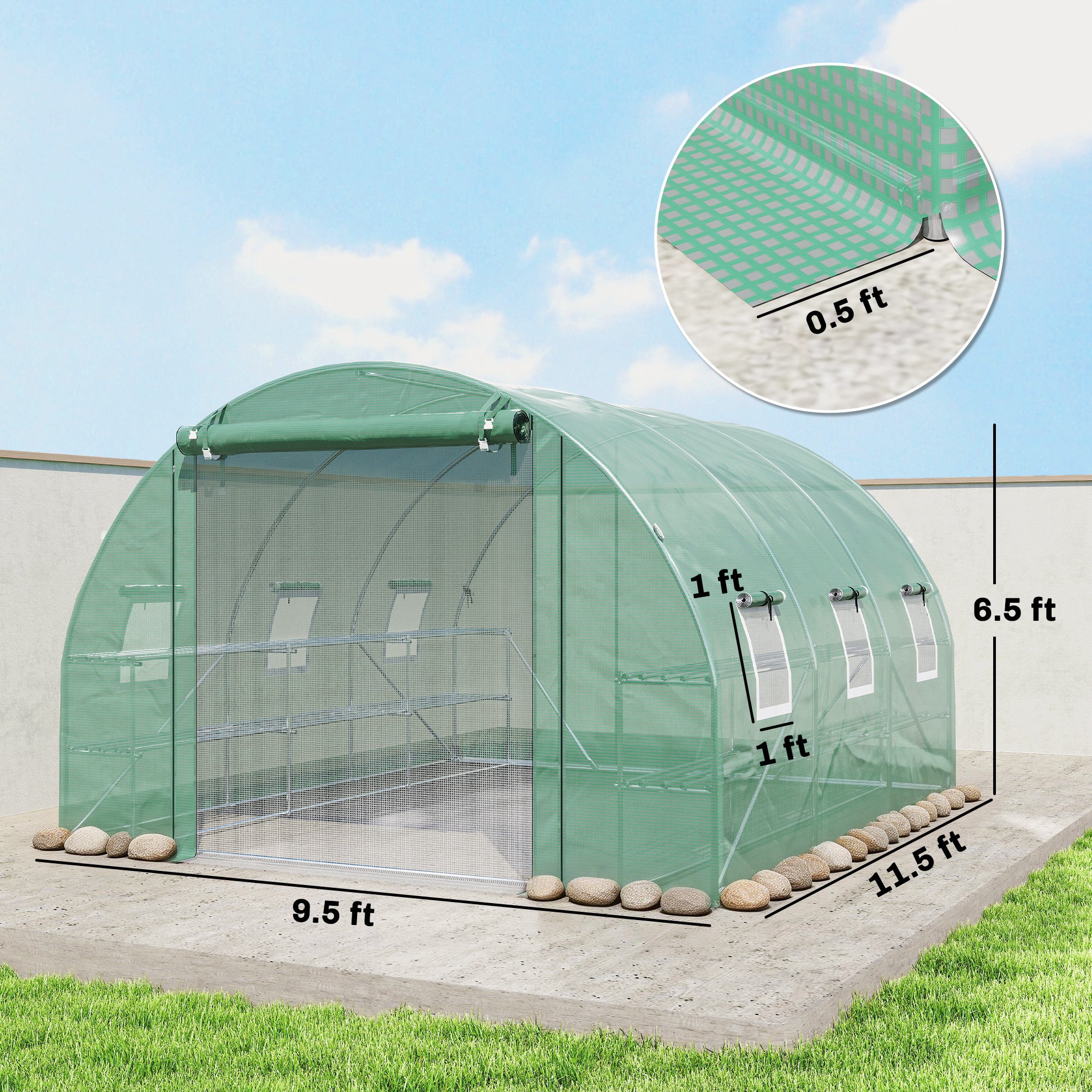 10'x11'x6' Walk-in Tunnel Greenhouse with Shelves, Mesh Door and Windows, Hoop House Greenhouse with PE Cover