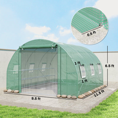 10'x11'x6' Walk-in Tunnel Greenhouse with Shelves, Mesh Door and Windows, Hoop House Greenhouse with PE Cover
