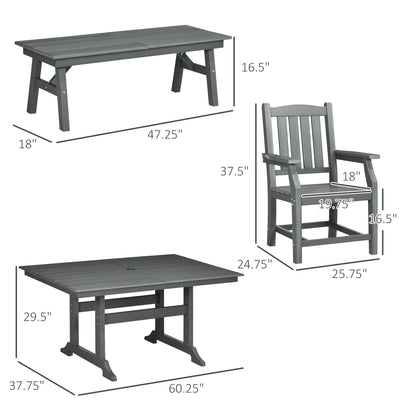 6 Pieces Patio Dining Set, 6 Seater Outdoor Table and Chairs, Conversation Furniture, Armrests, Loveseat Bench, Dinner Table with Umbrella Hole, Cushions, Dark Gray