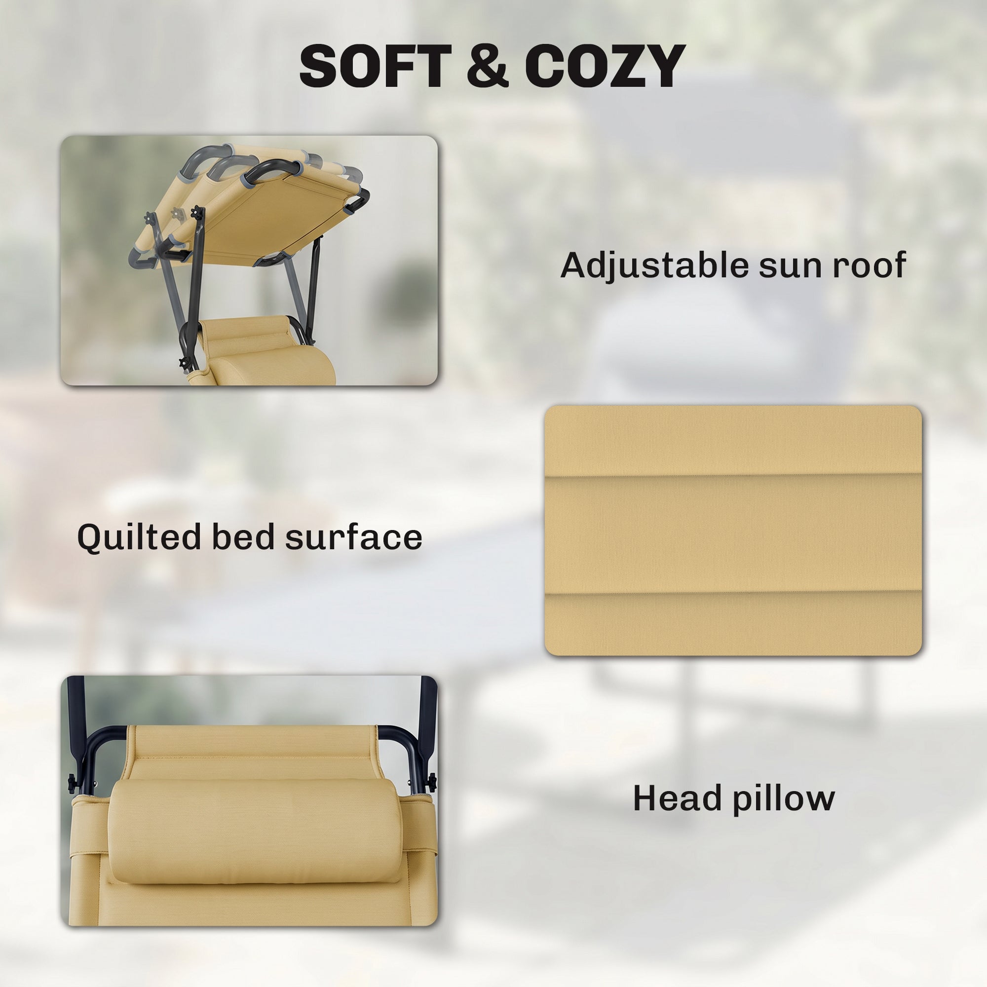 Outdoor Lounge Chair, 4 Position Adjustable Backrest, Folding, Cushioned w/ Sun Shade Roof & Pillow