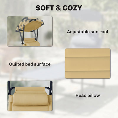 Outdoor Lounge Chair, 4 Position Adjustable Backrest, Folding, Cushioned w/ Sun Shade Roof & Pillow