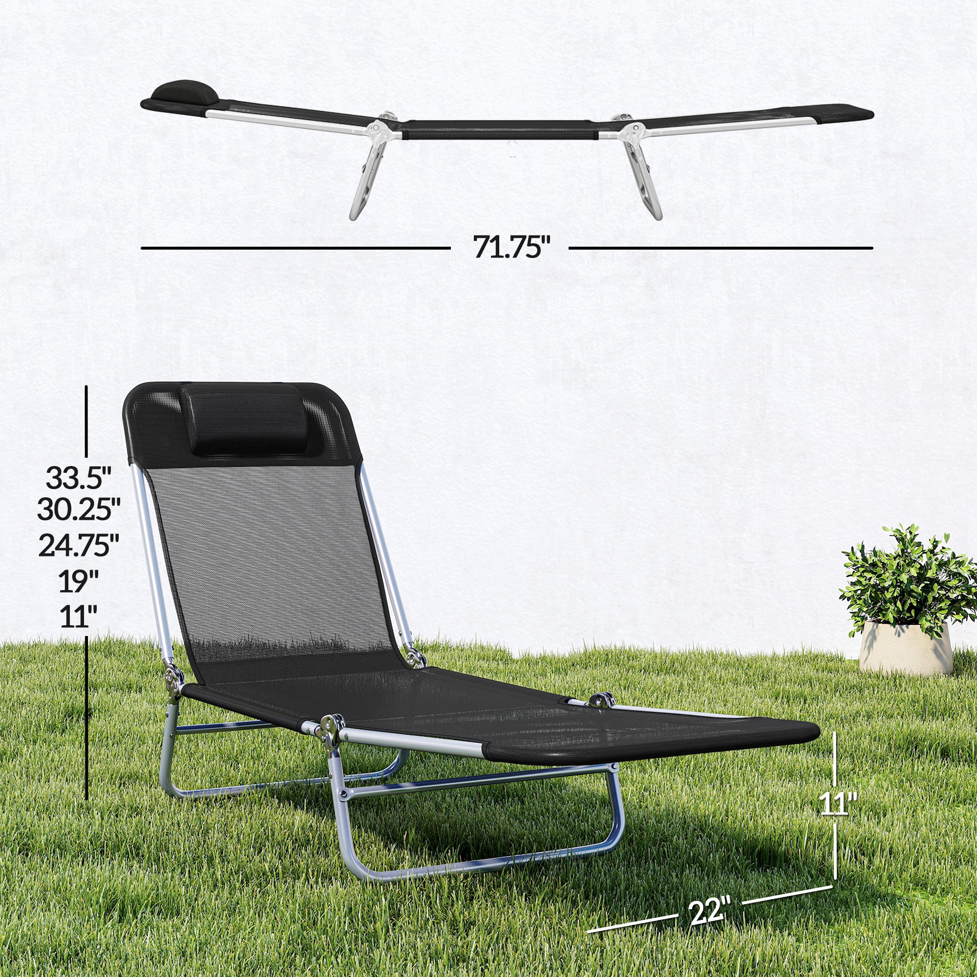 Folding Chaise Lounge Chair, Portable Tanning Chair with Adjustable Backrest, Pillow for Beach Poolside Patio