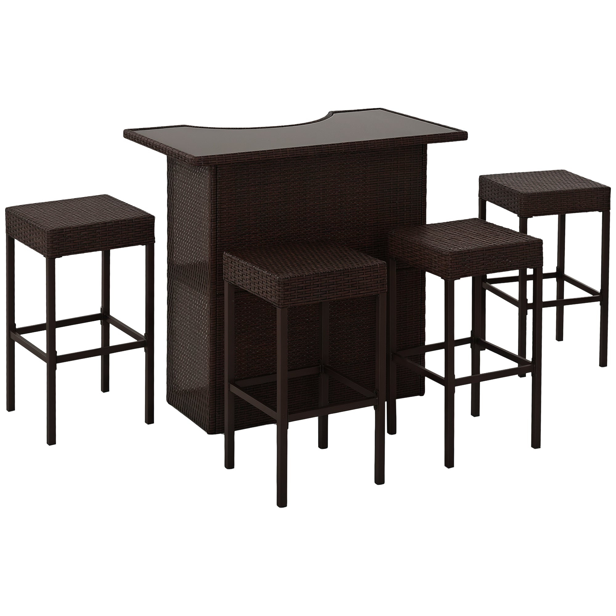 5 Piece Wicker Outdoor Bar Set, High Top Outdoor Table and Chairs, Height Patio Set with Glass Table Top 2 Tier Storage Shelf and 4 Bar Stools for Garden, Poolside, Dark Brown