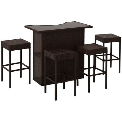 5 Piece Wicker Outdoor Bar Set, High Top Outdoor Table and Chairs, Height Patio Set with Glass Table Top 2 Tier Storage Shelf and 4 Bar Stools for Garden, Poolside, Dark Brown