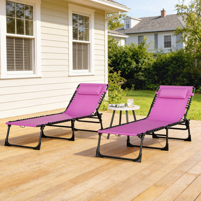 2 Folding Chaise Lounge Pool Chairs with 4-Position Reclining Back, Pillow, Breathable Mesh & Bungee Seat