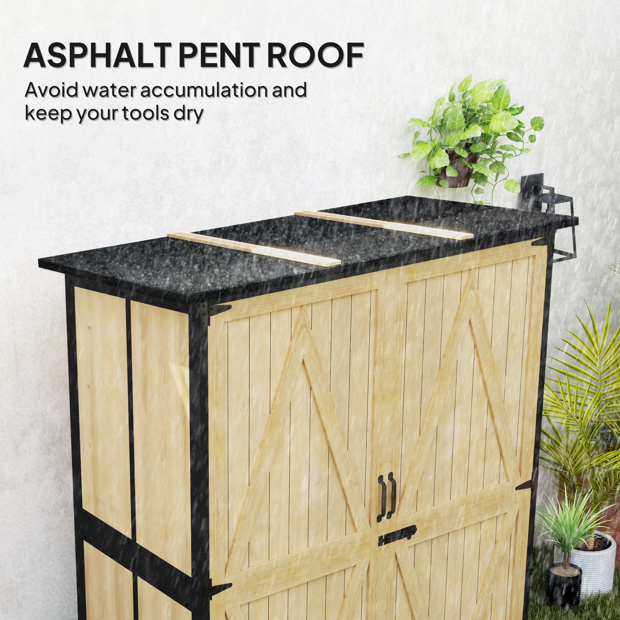 Wood Storage Shed, Outdoor Garden Shed with Asphalt Roof, 2 Shelves, Lockable Doors and Adjustable Feet
