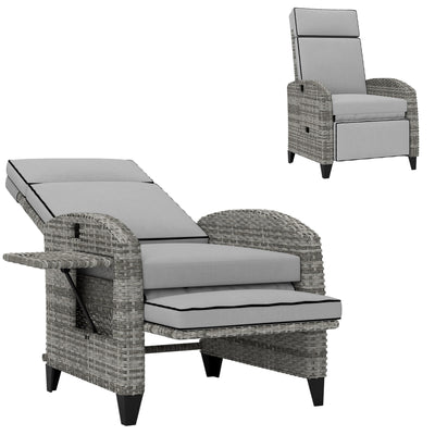 Outdoor Recliner Chair with Cushions, Reclining Patio Lounge Chair with Adjustable Footrest, Armrests, Tray Table