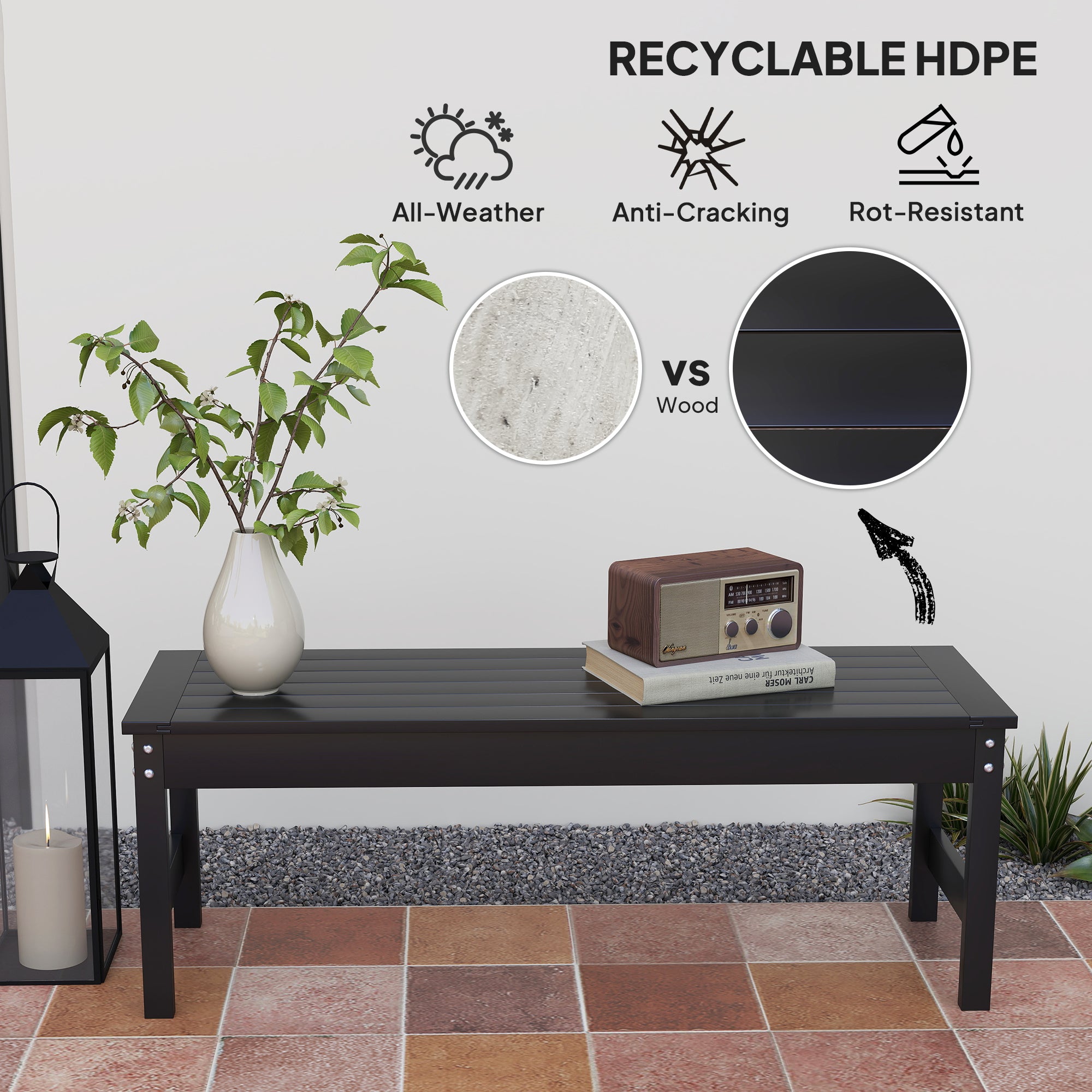 47" Outdoor Bench Seat, HDPE All-Weather Garden Bench, Backless Slatted Patio Bench for Yard, Porch, Park, Black