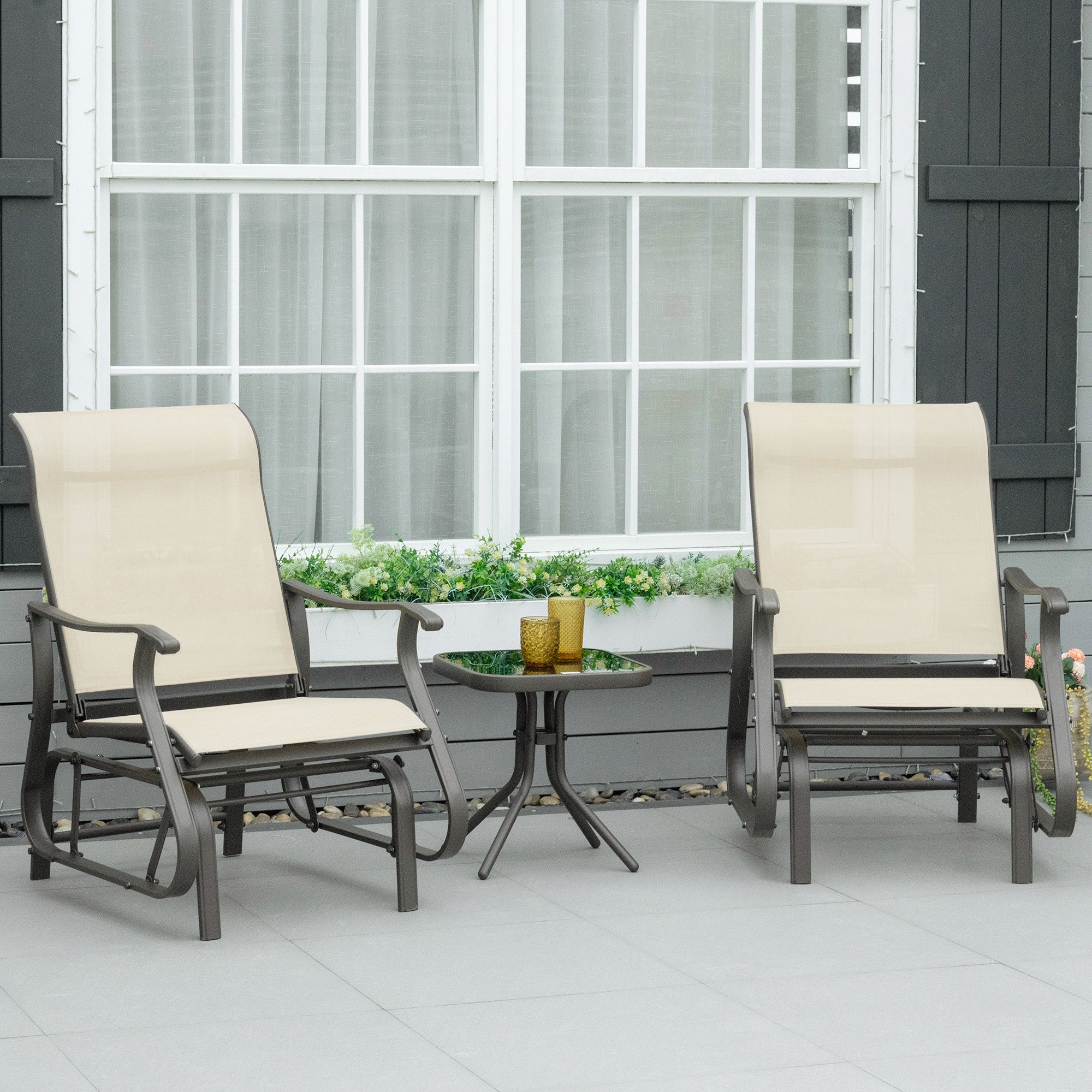 3-Piece Outdoor Gliders Set Bistro Set with Steel Frame, Tempered Glass Top Table for Patio, Garden, Backyard, Lawn