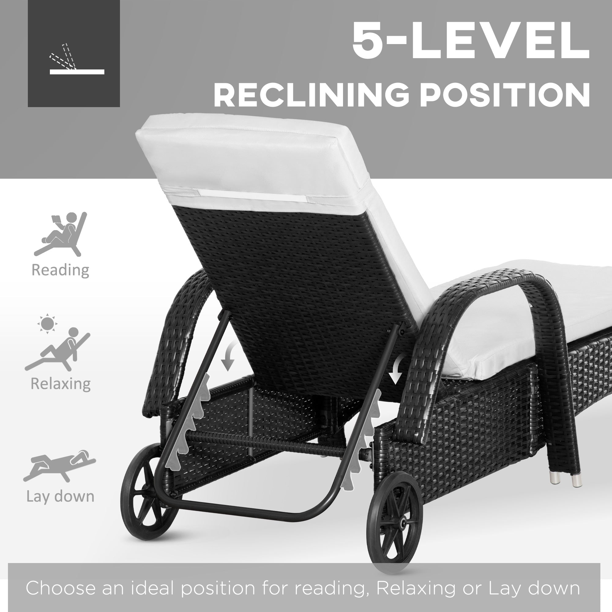 Wicker Outdoor Chaise Lounge Chair Set of 3 with Side Table, 5-Level Adjustable Backrest PE Rattan Pool Lounge Chair with Wheels, Cushion & Headrest, Black and Cream White