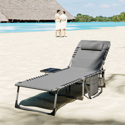 Folding Outdoor Chaise Lounge Chair Tanning Chair with 5-Level Adjustable Back, Side Table, Pillow, Pocket