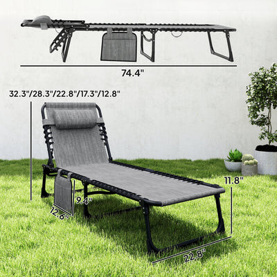 Reclining Chaise Lounge Chair, Portable Sun Lounger, Folding Camping Cot with Adjustable Backrest and Removable Pillow, for Patio, Garden, Beach