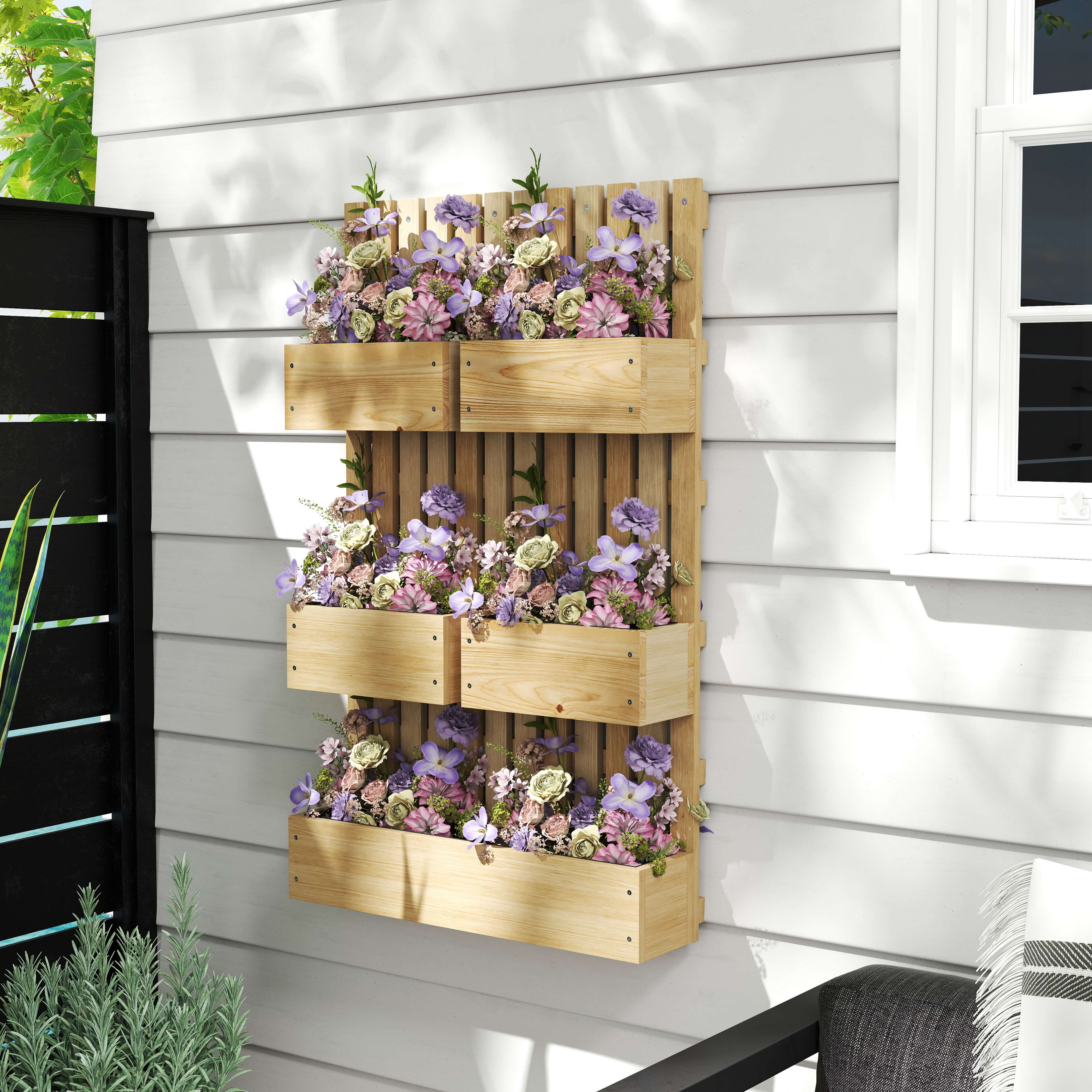Wall Mounted Planter with Trellis and Drainage Holes for Small Spaces, Raised Garden Bed, Natural