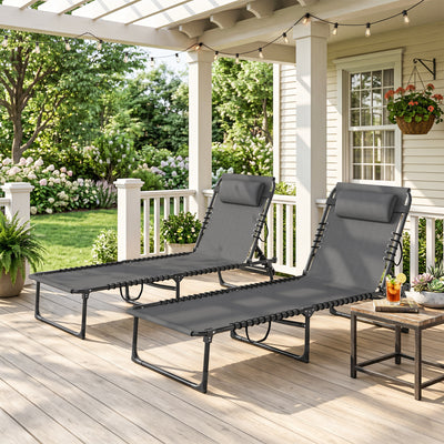 2 Folding Chaise Lounge Pool Chairs with 4-Position Reclining Back, Pillow, Breathable Mesh & Bungee Seat