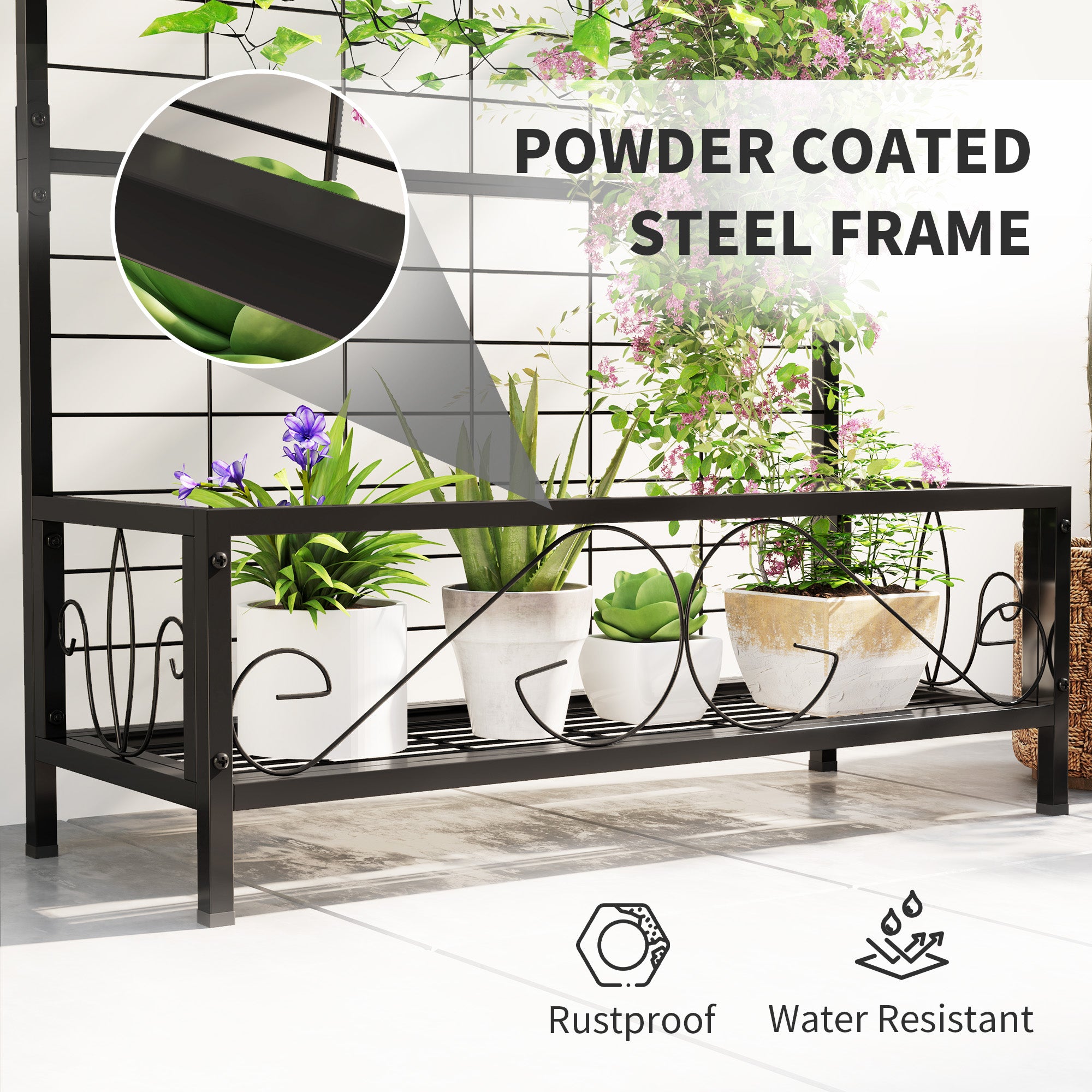 Metal Tall Plant Stand with Trellis and Hanging Bar, Plant Holder for Indoor Outdoor Use, 35" x 12.8" x 74", Black