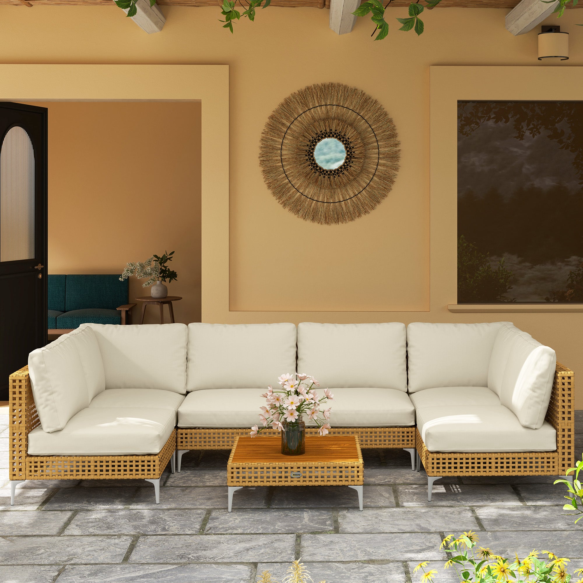 7 Piece Wicker Patio Furniture Set, Modular Outdoor Sectional with Thickened Cushions, Acacia Wood Table