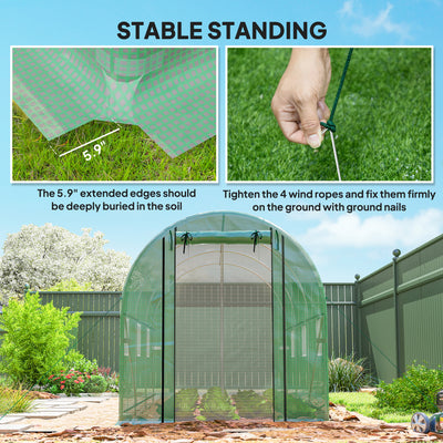 Hoop House Greenhouse, Walk-in Tunnel Greenhouse with 2 Support Rods, Zippered Roll-up Mesh Door, 14.6'x6.5'x6.6'