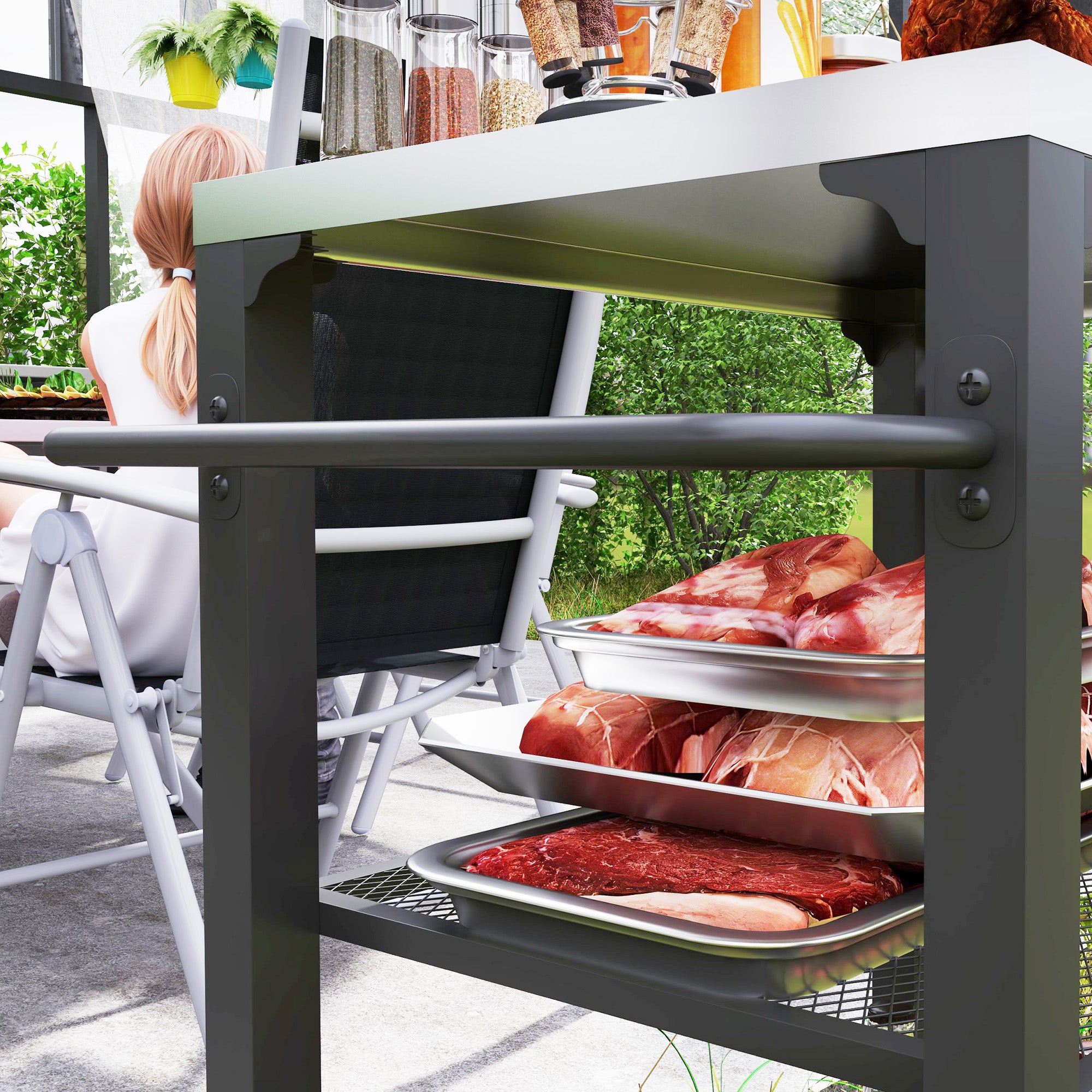 3-Shelf Outdoor Grill Cart with Stainless Steel Tabletop, Movable Pizza Oven Table with Hooks, Side Handle, Wheels