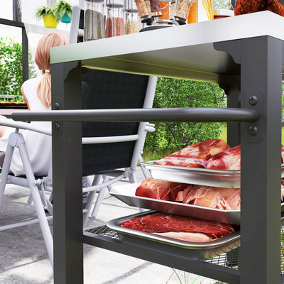 3-Shelf Outdoor Grill Cart with Stainless Steel Tabletop, Movable Pizza Oven Table with Hooks, Side Handle, Wheels