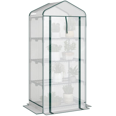 Mini Greenhouse with Screen Roof, 4 Tier Portable Small Greenhouse with High Strength PE Cover, White