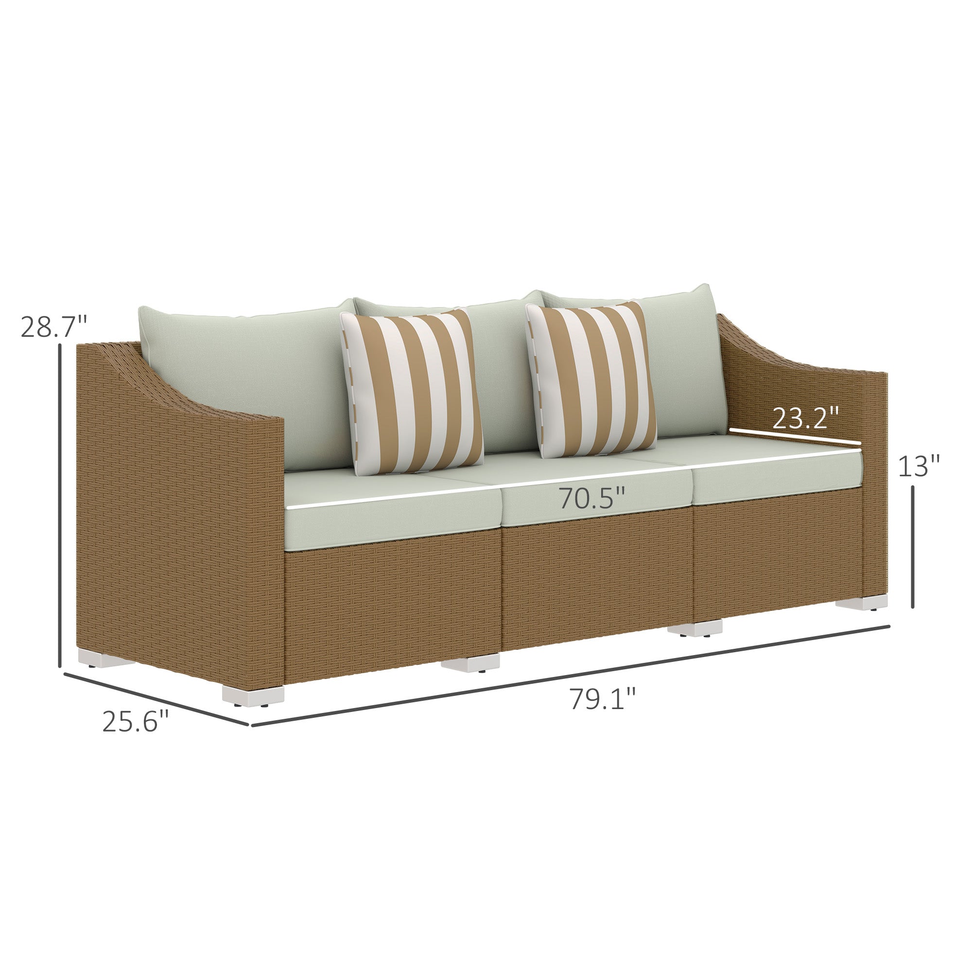 Rattan Wicker 3 Seater Patio Couch with Cushions, 2 Throw Pillows, Outdoor Furniture Rattan Sofa