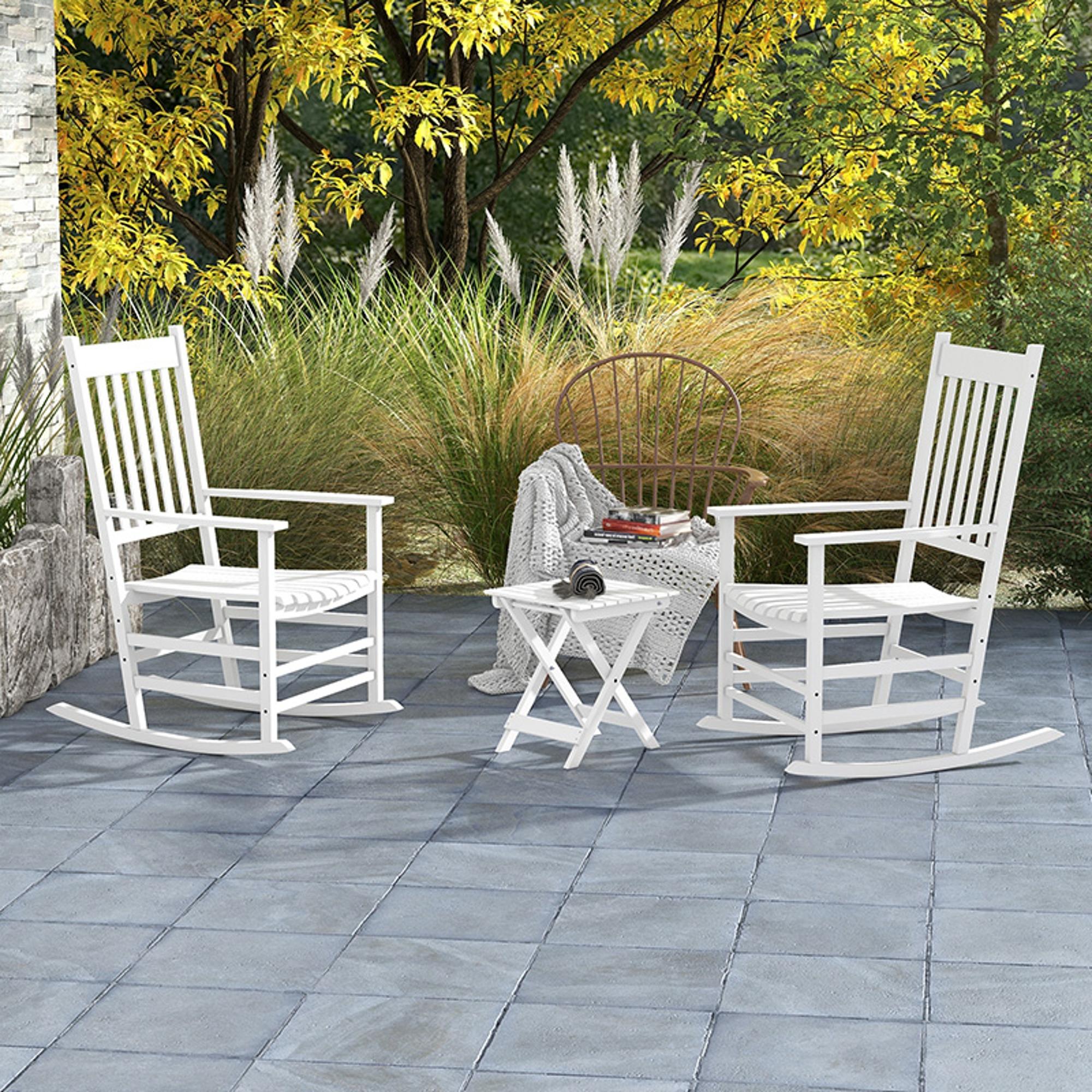Outdoor Rocking Chair Set of 2 with Side Table, Patio Wooden Rocking Chair with Smooth Armrests, High Back for Garden, Balcony, Porch, Supports Up to 352 lbs.