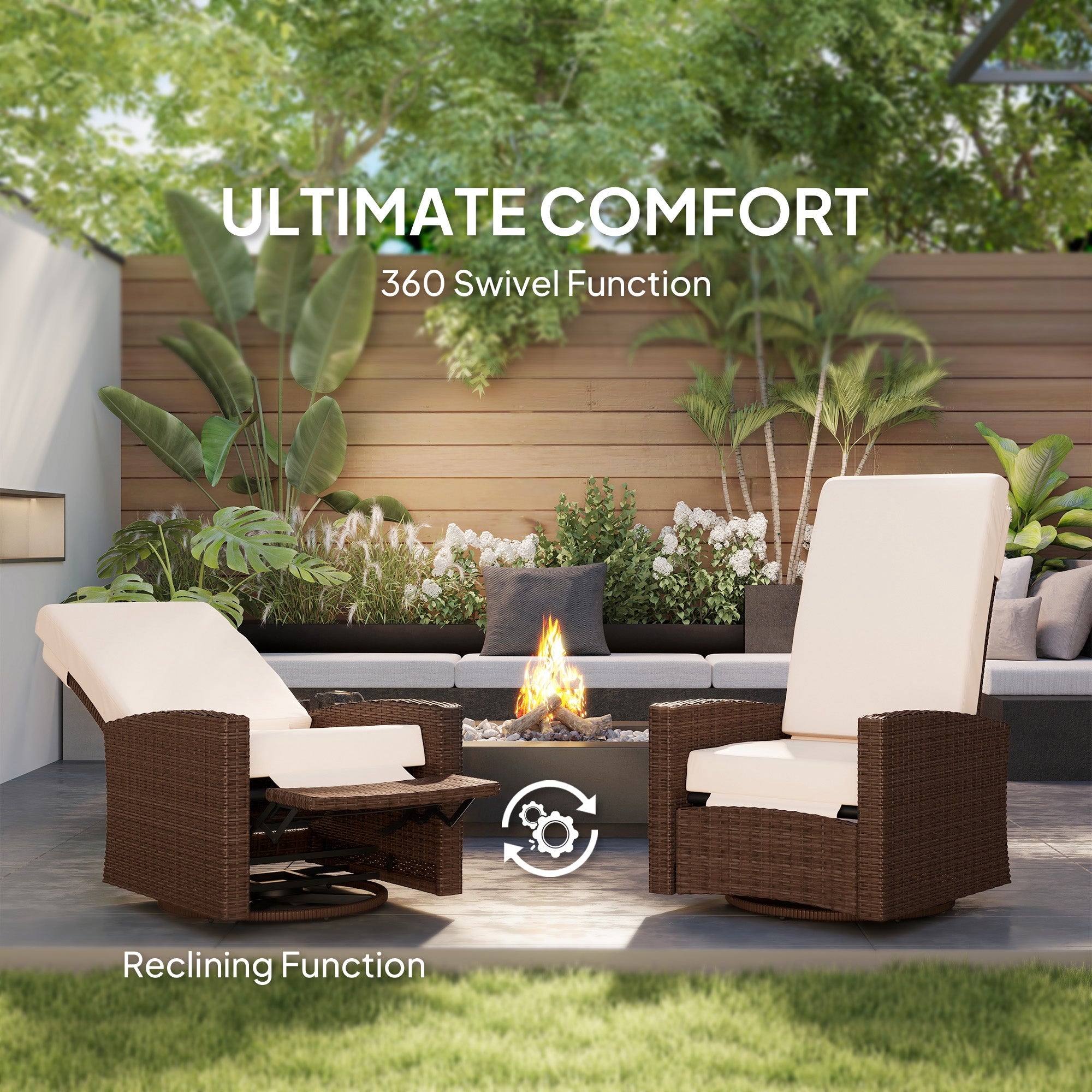Outdoor Wicker Swivel Recliner Chair, Lifting Footrest, 360° Rotating Basic, Water-resistant Cushions, Dark