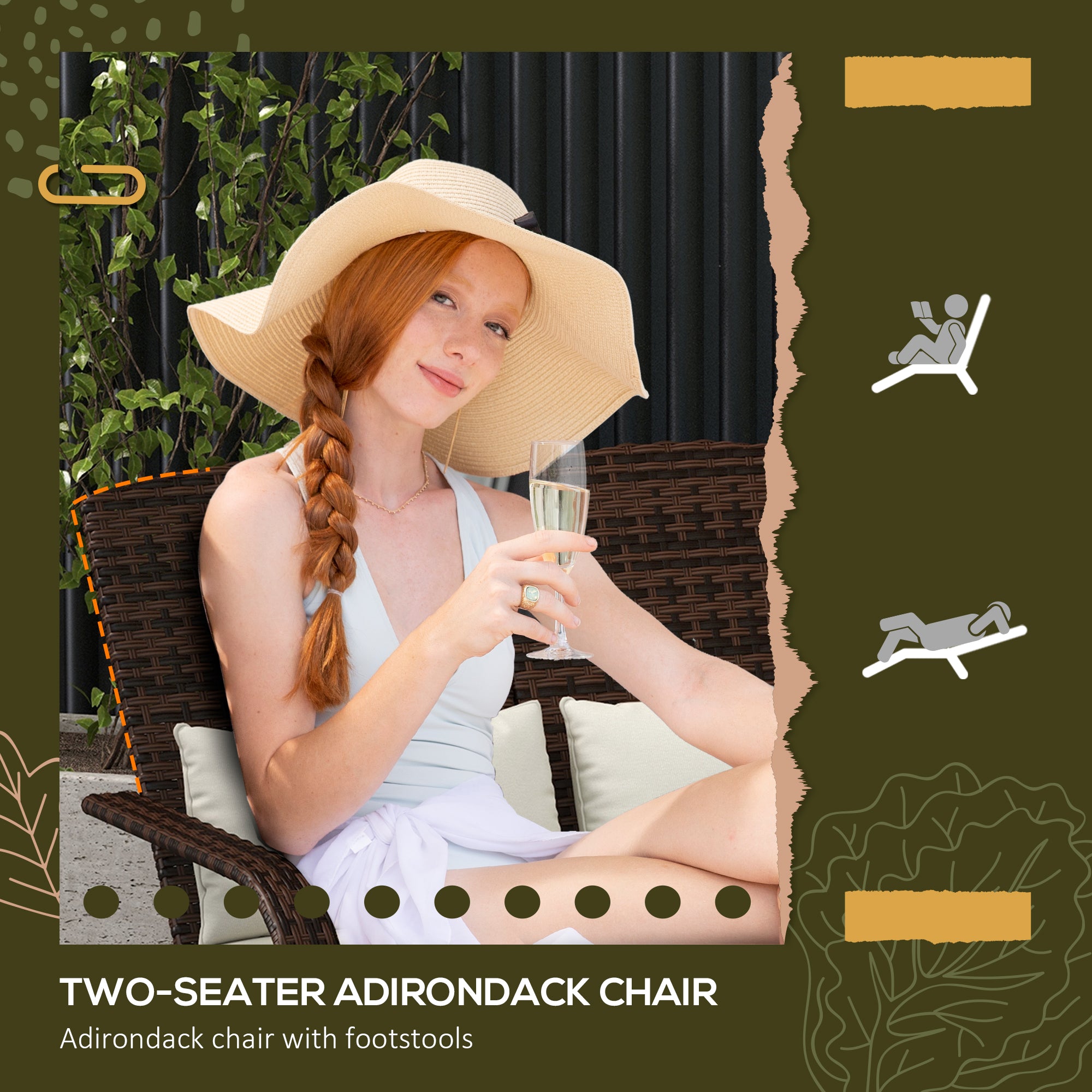 2 Person Patio Wicker Adirondack Chair, High-Back Fire Pit Chair with Cushions