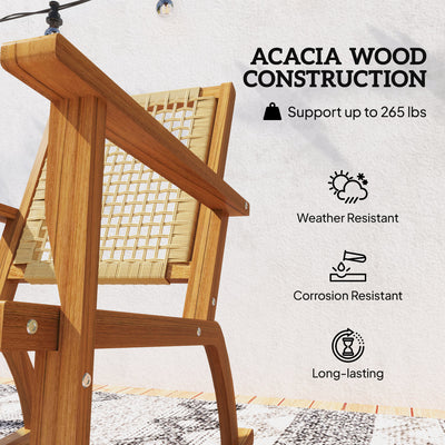 Outdoor Lawn Rocking Chair Set of 2, Acacia Wood Patio Rocking Chairs with Wicker Back and Seat for Garden, Khaki