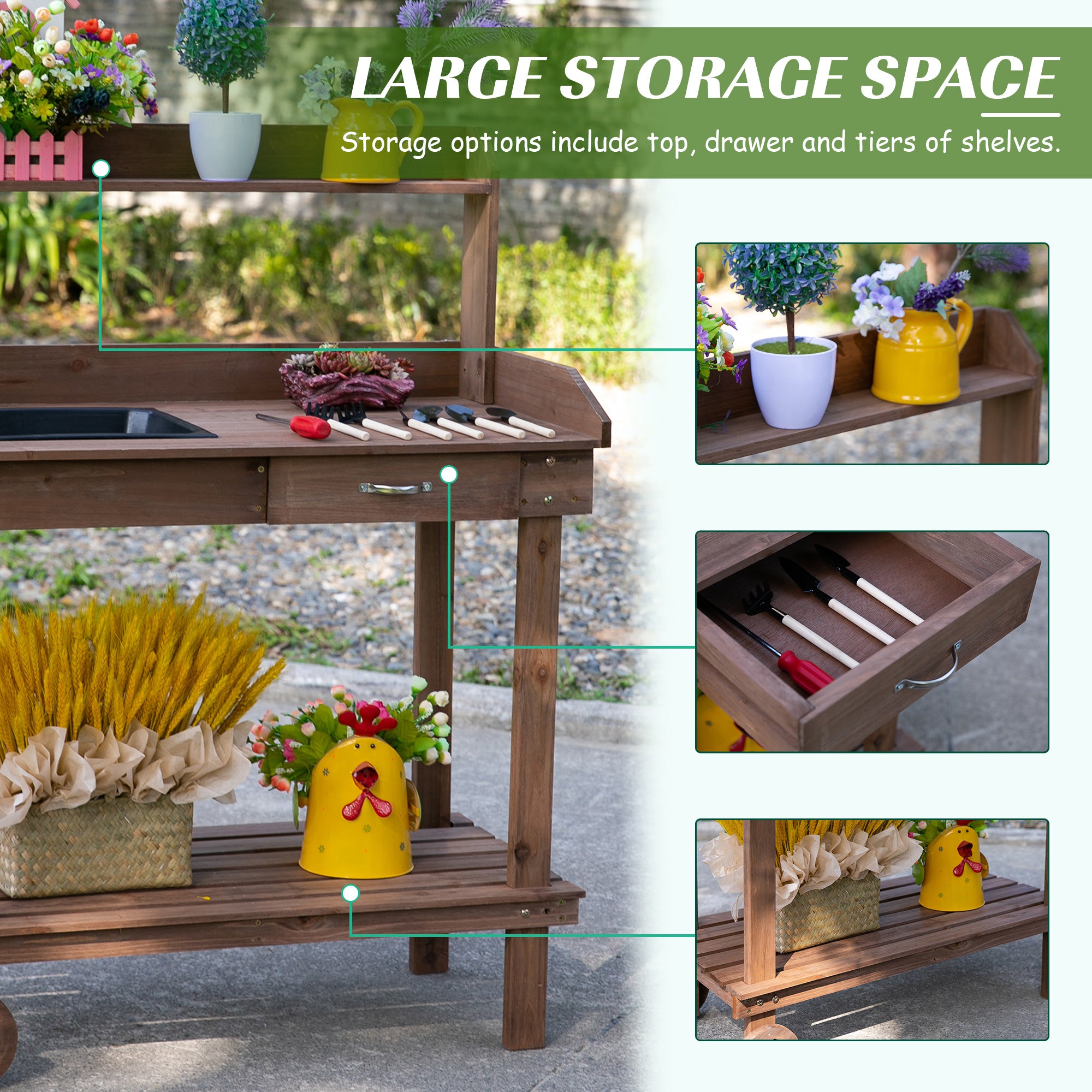 36'' Wooden Potting Bench Work Table with 2 Removable Wheels, Sink, Drawer & Large Storage Spaces