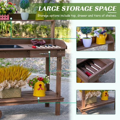 36'' Wooden Potting Bench Work Table with 2 Removable Wheels, Sink, Drawer & Large Storage Spaces
