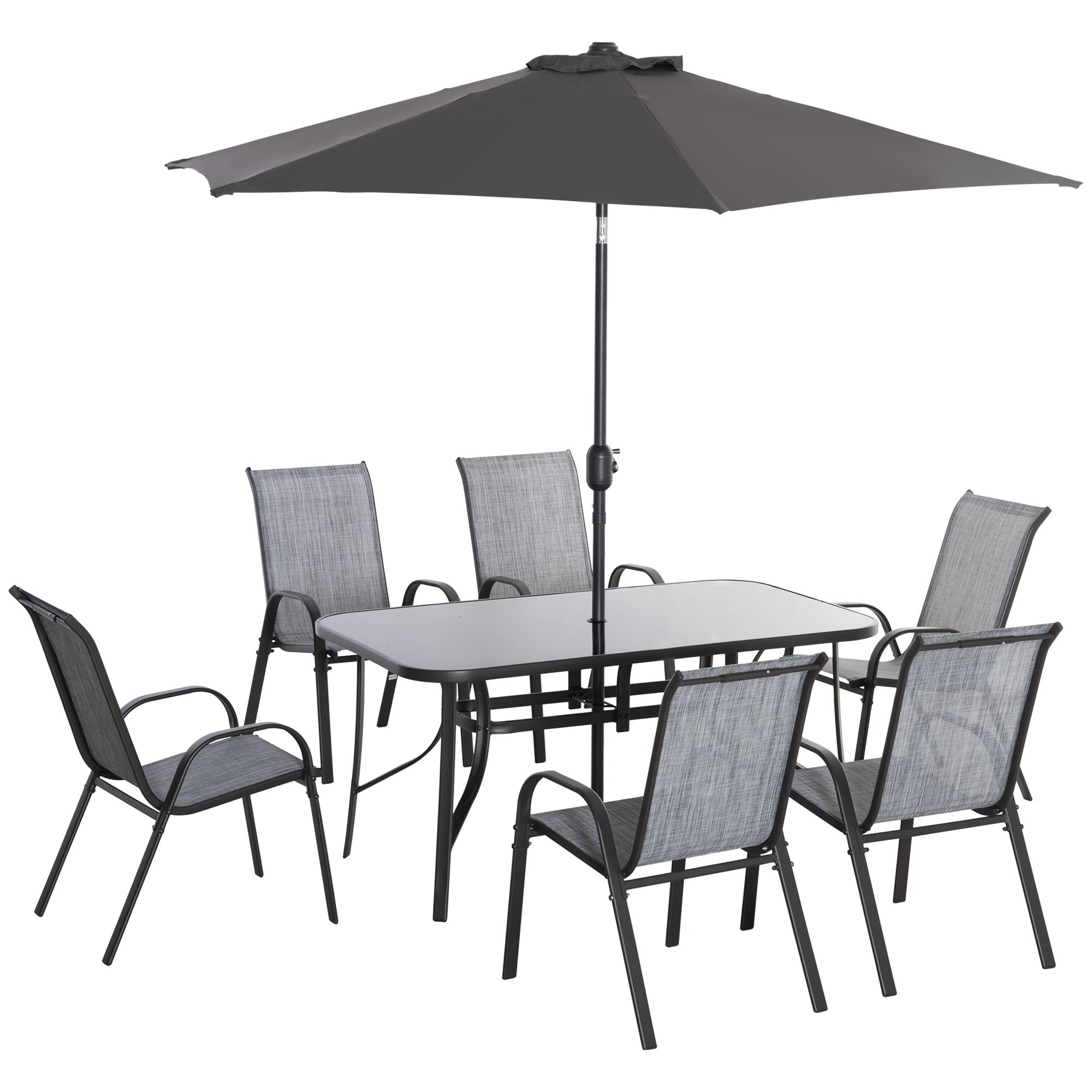 8 Pieces Patio Furniture Set with 9Ft Patio Umbrella, Outdoor Dining Table and Chairs, 6 Chairs, Push Button Tilt and Crank Parasol, Tempered Glass Top, Gray