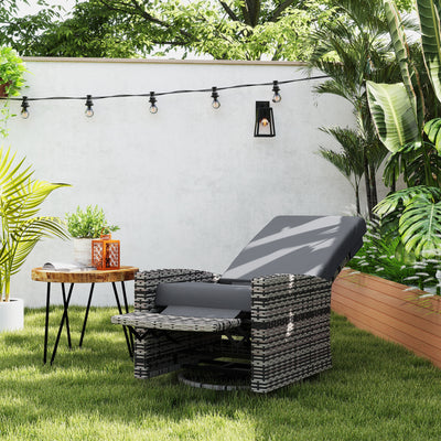 Outdoor Wicker Swivel Recliner Chair, Lifting Footrest, 360° Rotating Basic, Water-resistant Cushions, Dark