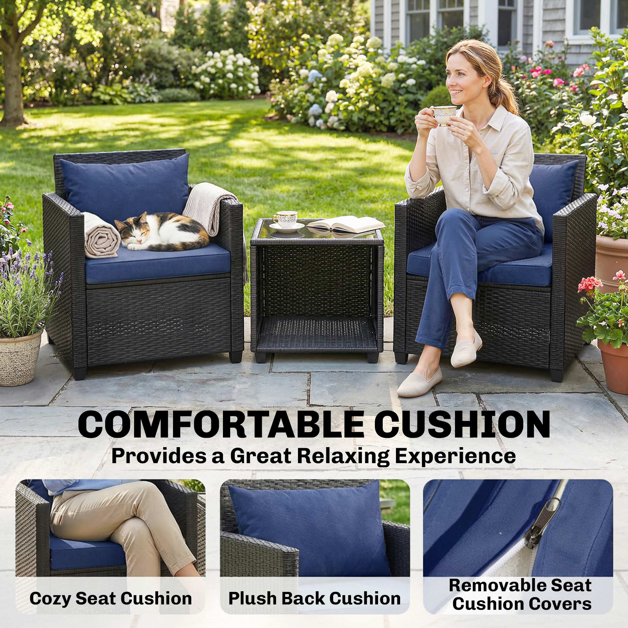 3 Piece Patio Bistro Set, Wicker Furniture Set with Thick Cushions, Glass Coffee Table and Chairs for Garden
