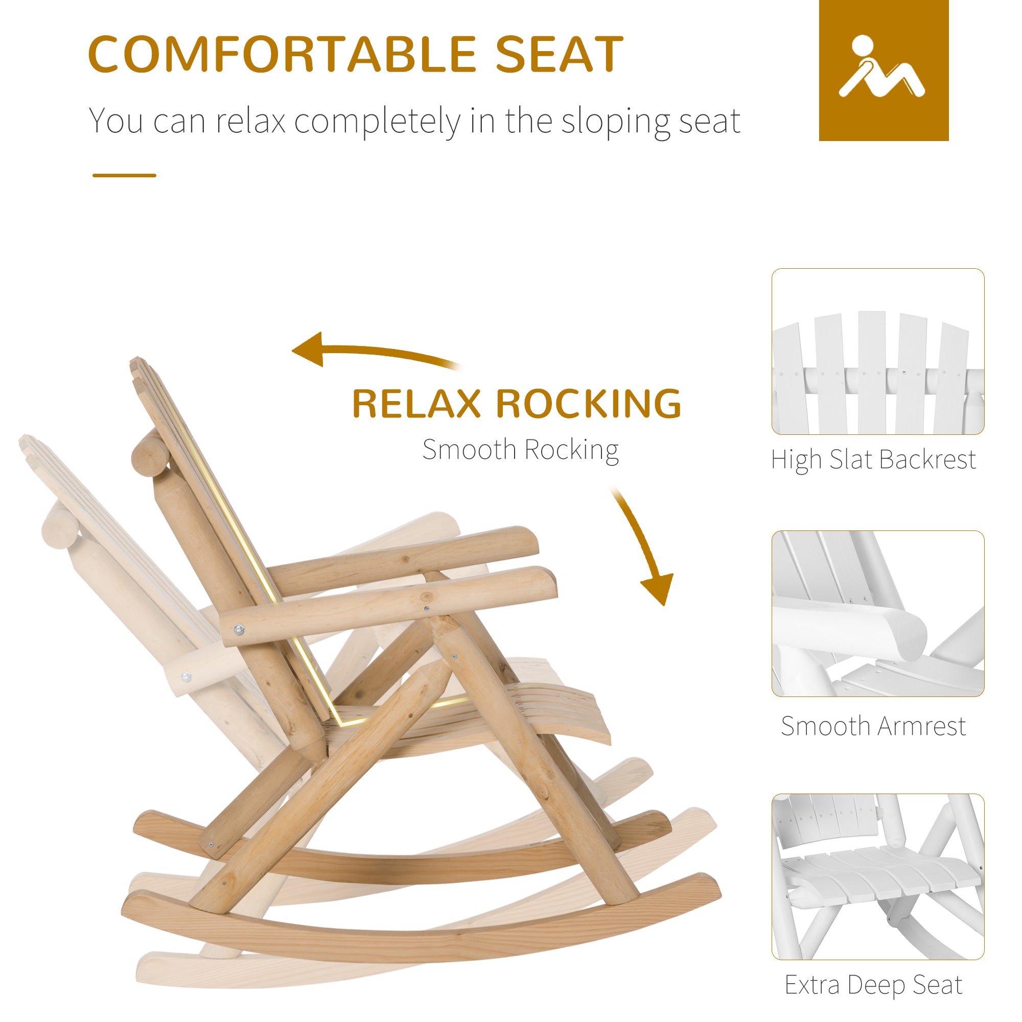 Outdoor Wooden Rocking Chair, Single-Person Rustic Adirondack Rocker with Slatted Seat, High Backrest, Armrests for Patio, Garden and Porch