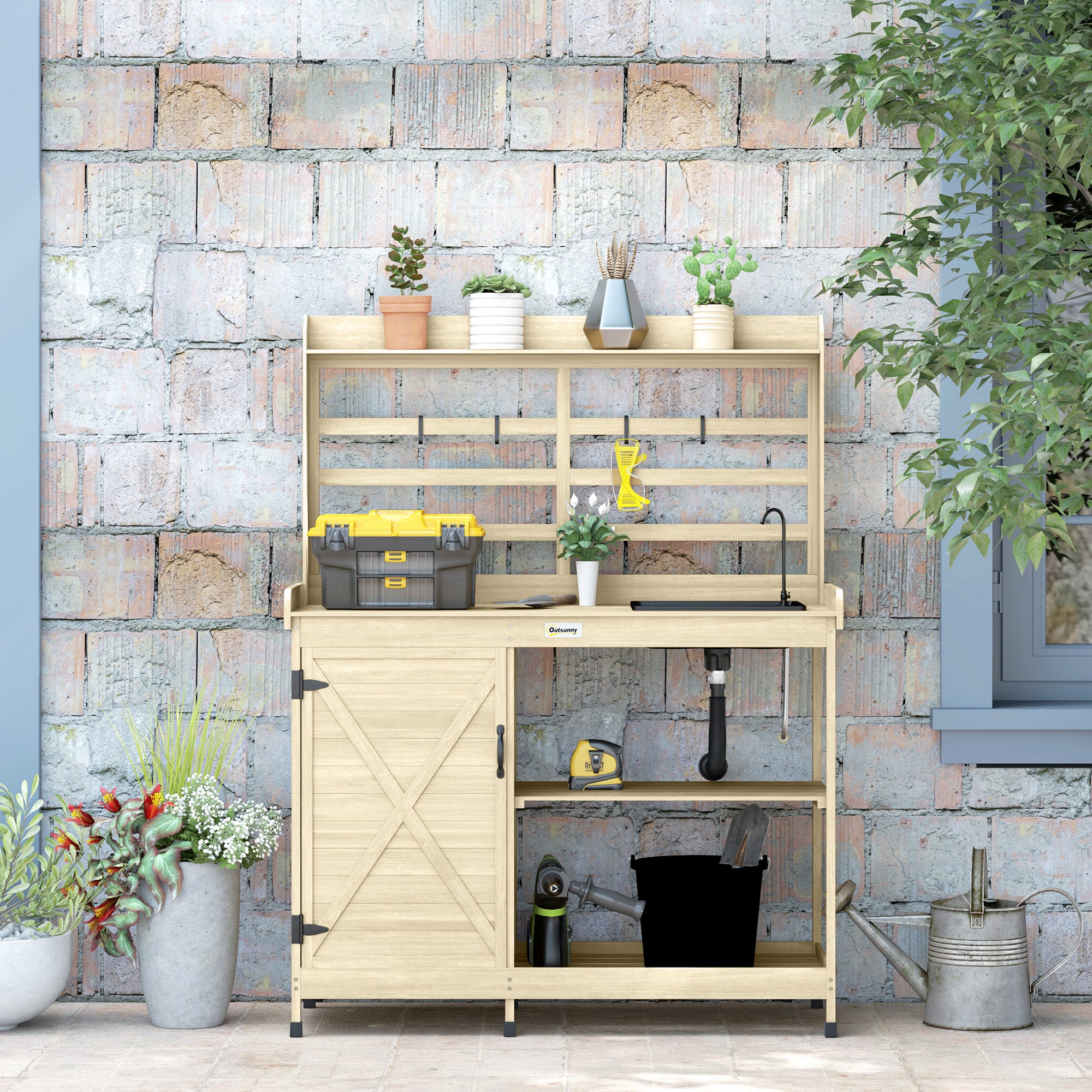 Wooden Potting Bench with Storage, Sink, Water Tap for Backyard, Patio, Balcony