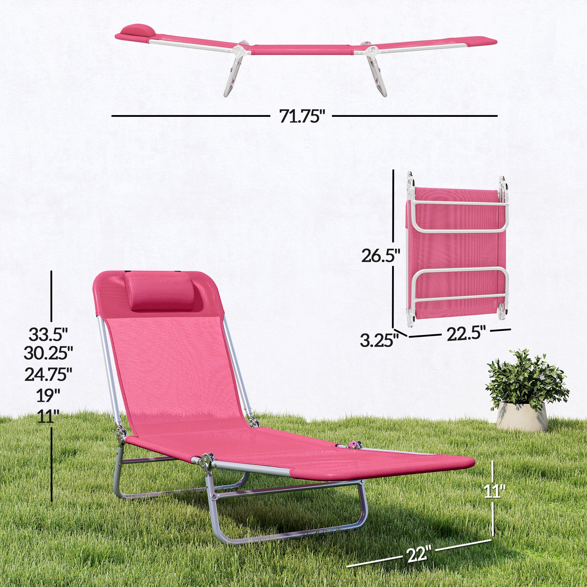 Folding Chaise Lounge Chair, Portable Tanning Chair with Adjustable Backrest, Pillow for Beach Poolside Patio