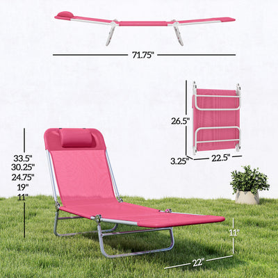 Folding Chaise Lounge Chair, Portable Tanning Chair with Adjustable Backrest, Pillow for Beach Poolside Patio