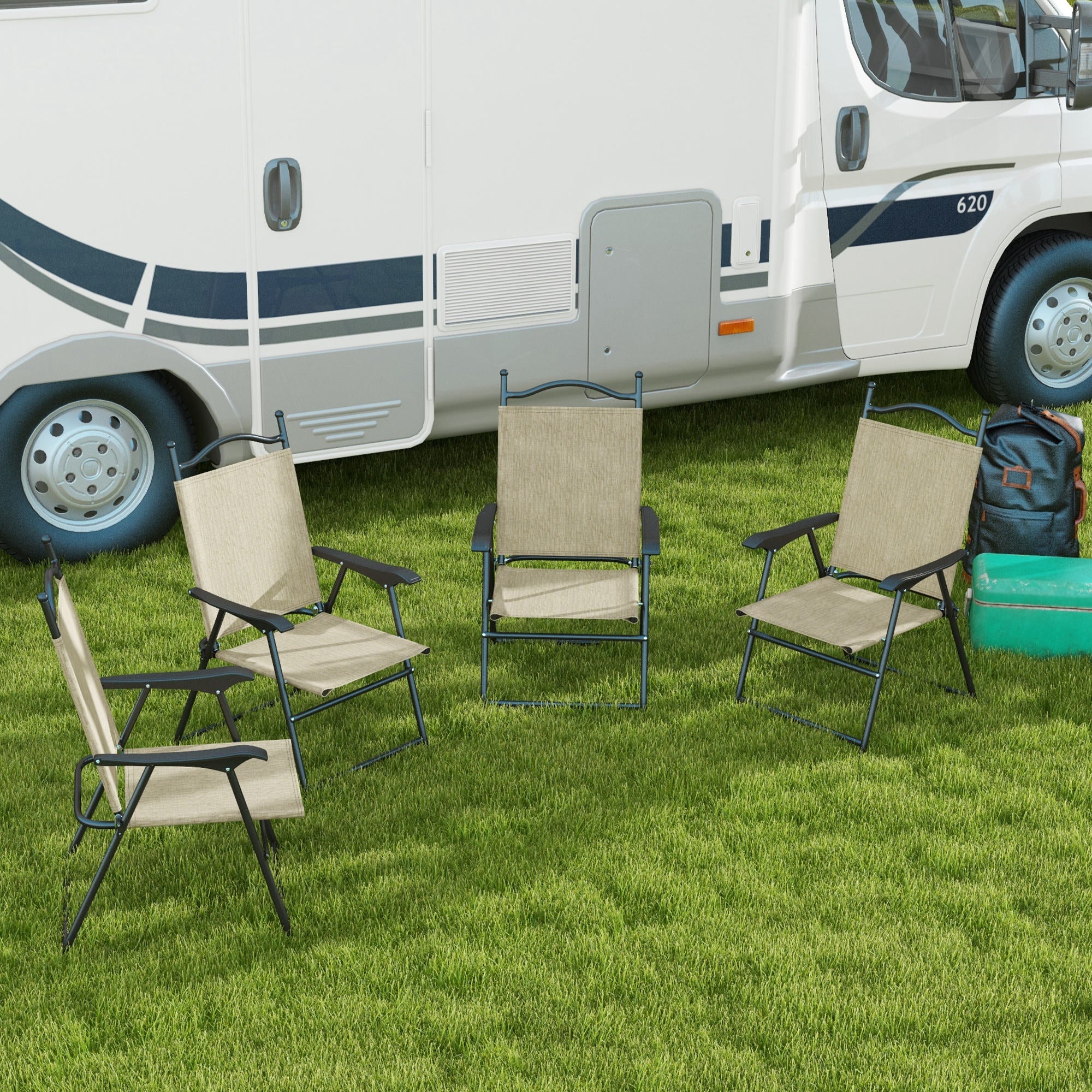 4 Piece Folding Patio Camping Chair Set, Sports Chairs for Adults with Armrests, Mesh Fabric Seat for Lawn, Beige