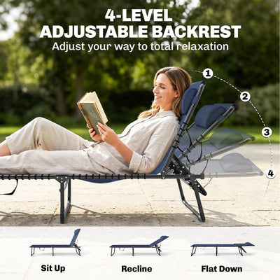 2 Folding Chaise Lounge Pool Chairs with 4-Position Reclining Back, Pillow, Breathable Mesh & Bungee Seat